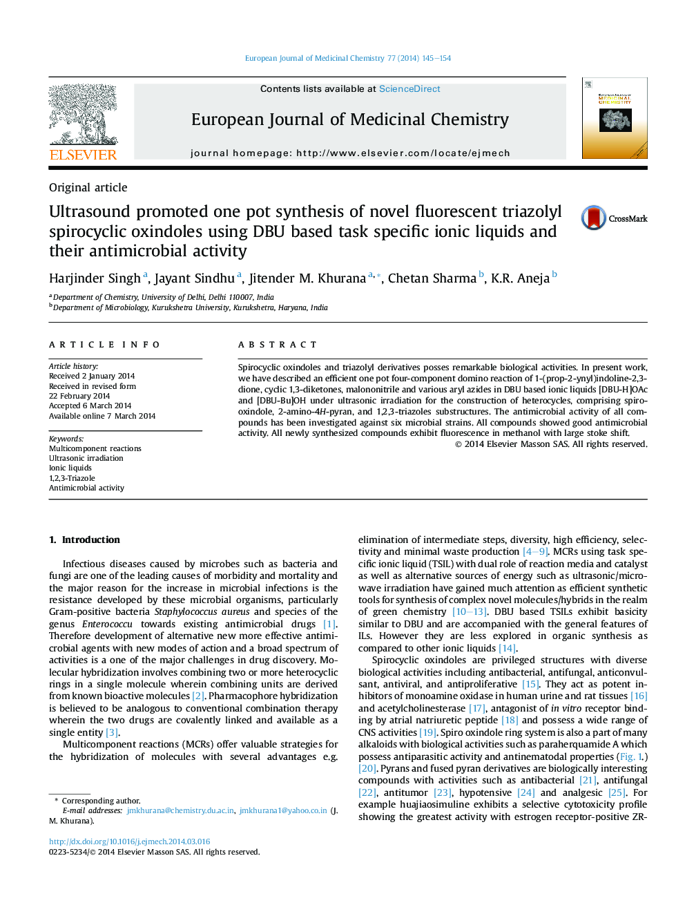 Ultrasound promoted one pot synthesis of novel fluorescent triazolyl spirocyclic oxindoles using DBU based task specific ionic liquids and their antimicrobial activity