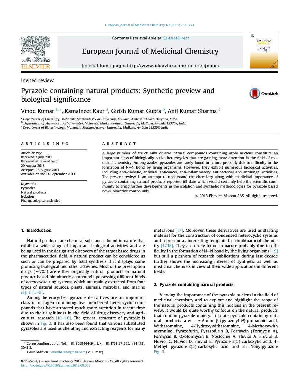 Pyrazole containing natural products: Synthetic preview and biological significance