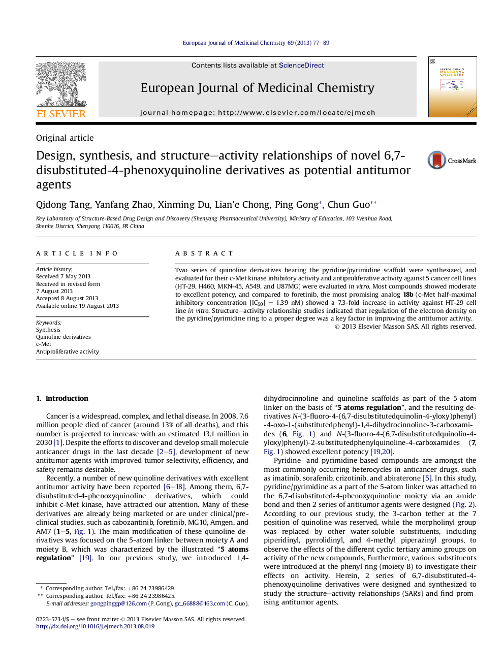 Design, synthesis, and structure–activity relationships of novel 6,7-disubstituted-4-phenoxyquinoline derivatives as potential antitumor agents