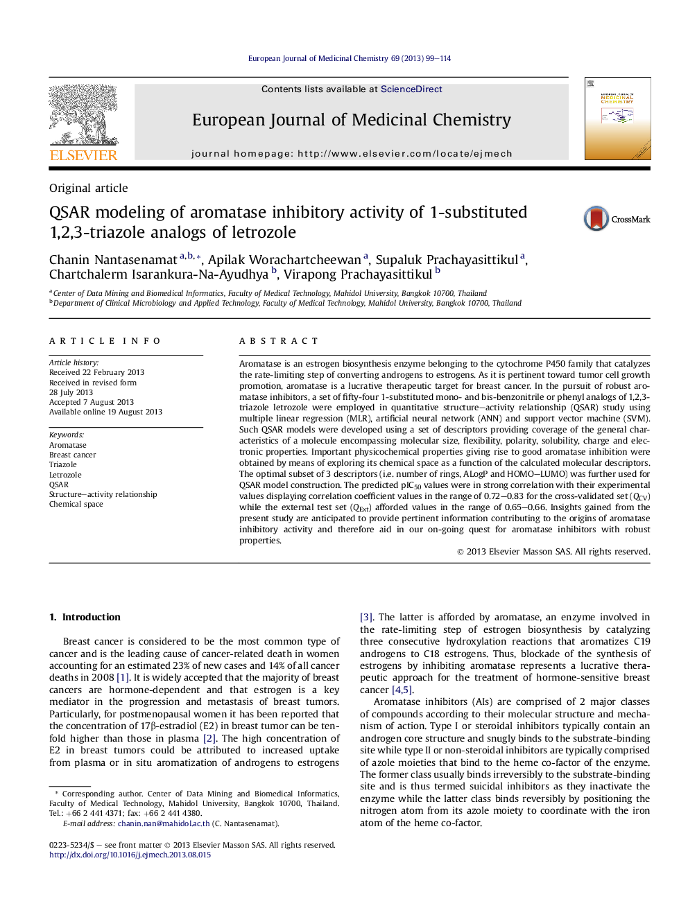 QSAR modeling of aromatase inhibitory activity of 1-substituted 1,2,3-triazole analogs of letrozole