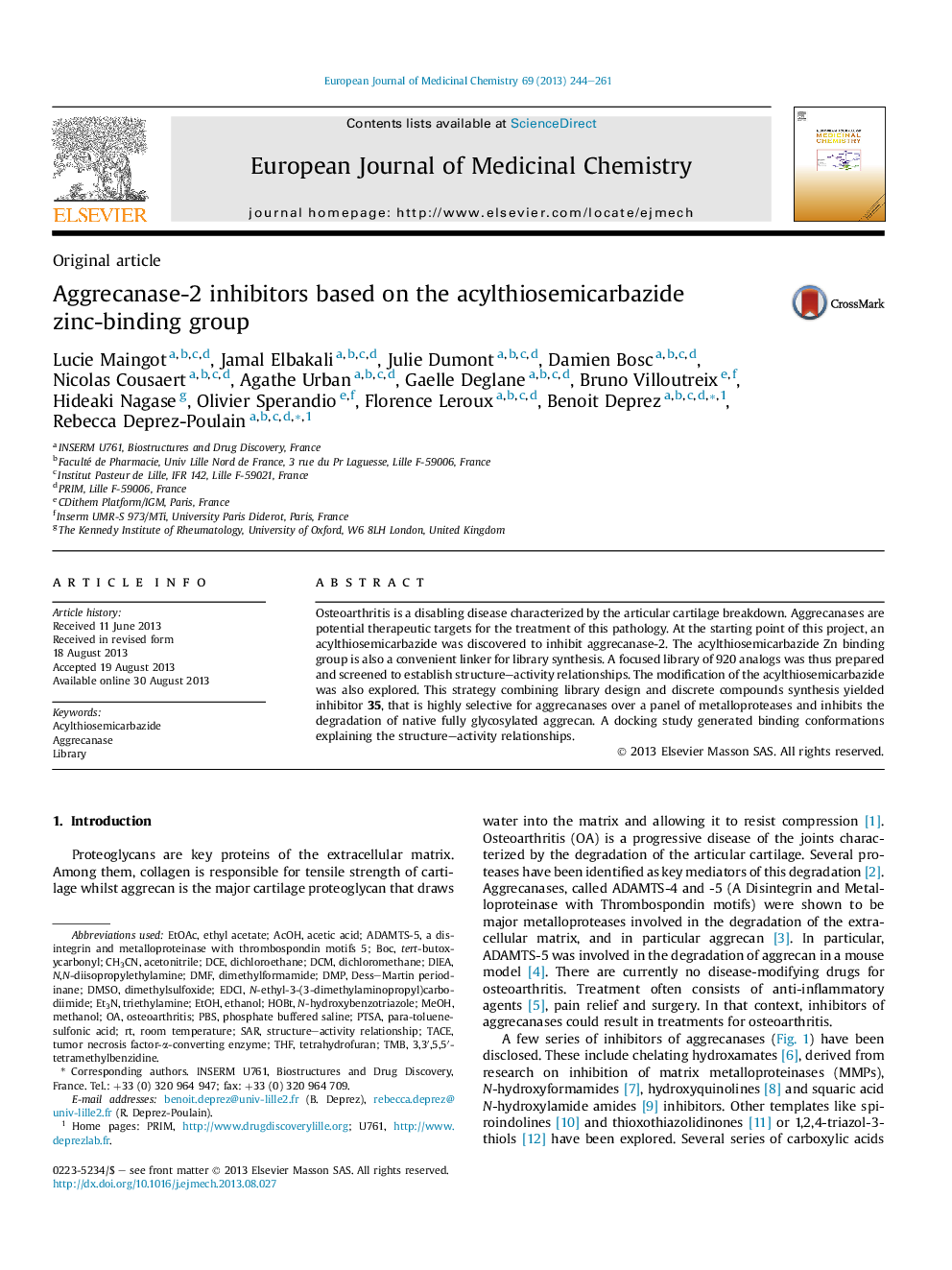 Aggrecanase-2 inhibitors based on the acylthiosemicarbazide zinc-binding group