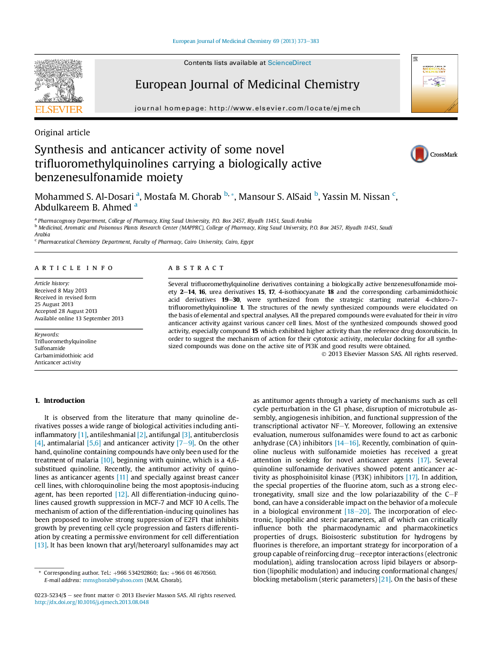 Synthesis and anticancer activity of some novel trifluoromethylquinolines carrying a biologically active benzenesulfonamide moiety