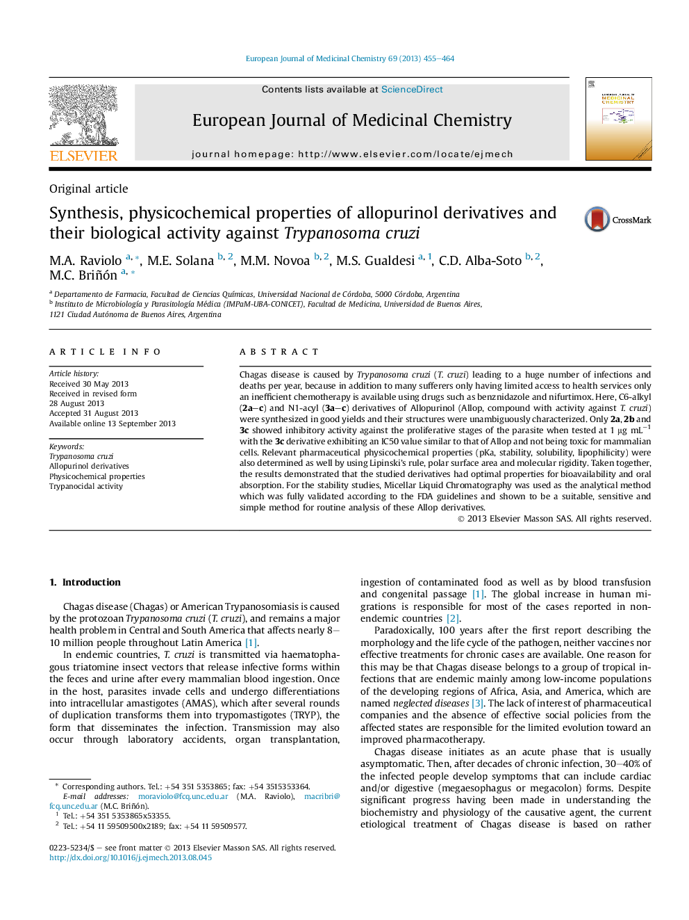 Synthesis, physicochemical properties of allopurinol derivatives and their biological activity against Trypanosoma cruzi