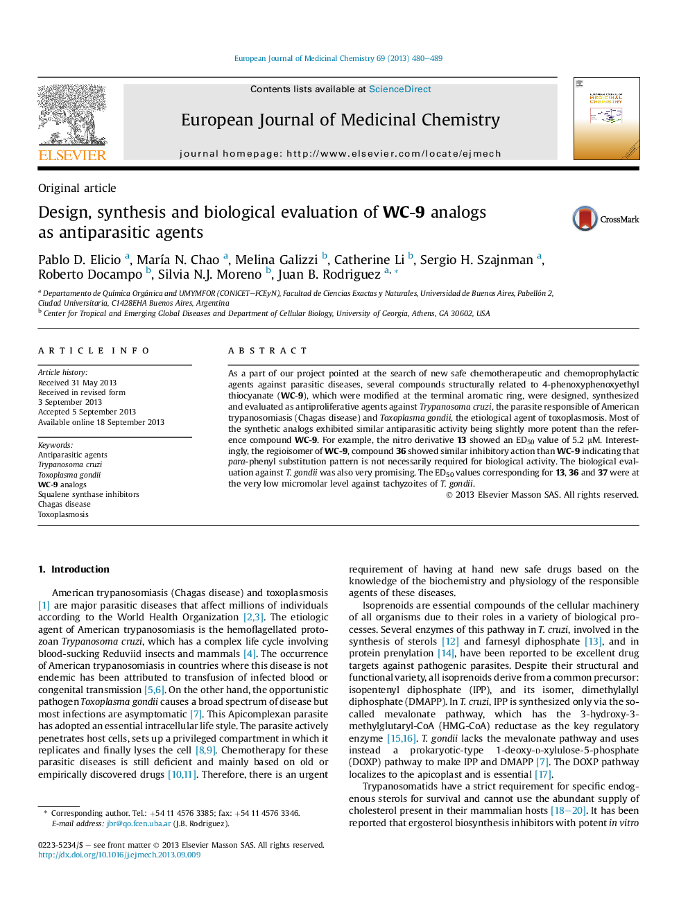 Design, synthesis and biological evaluation of WC-9 analogs as antiparasitic agents