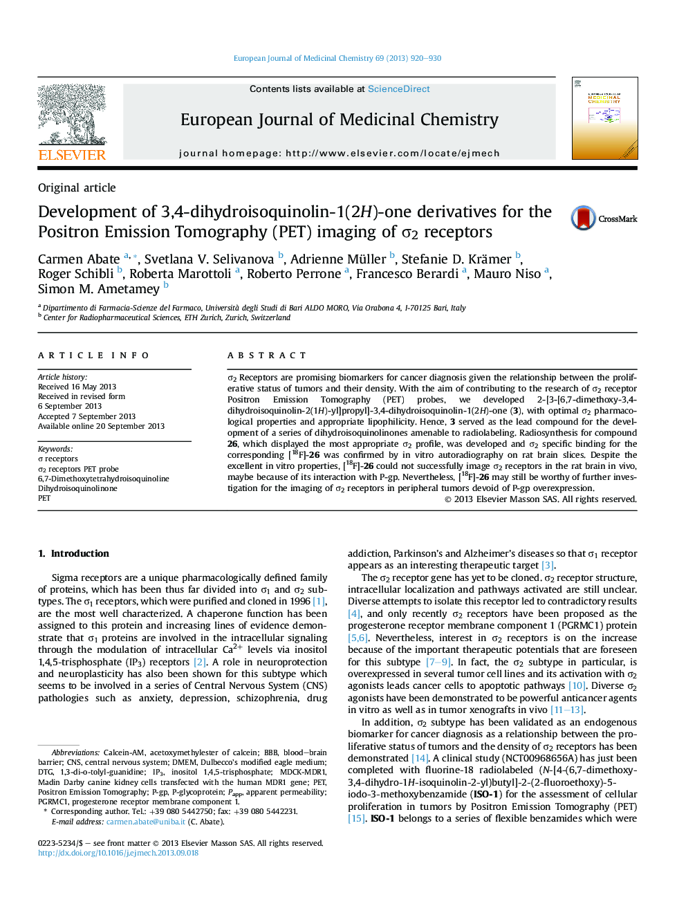 Development of 3,4-dihydroisoquinolin-1(2H)-one derivatives for the Positron Emission Tomography (PET) imaging of σ2 receptors