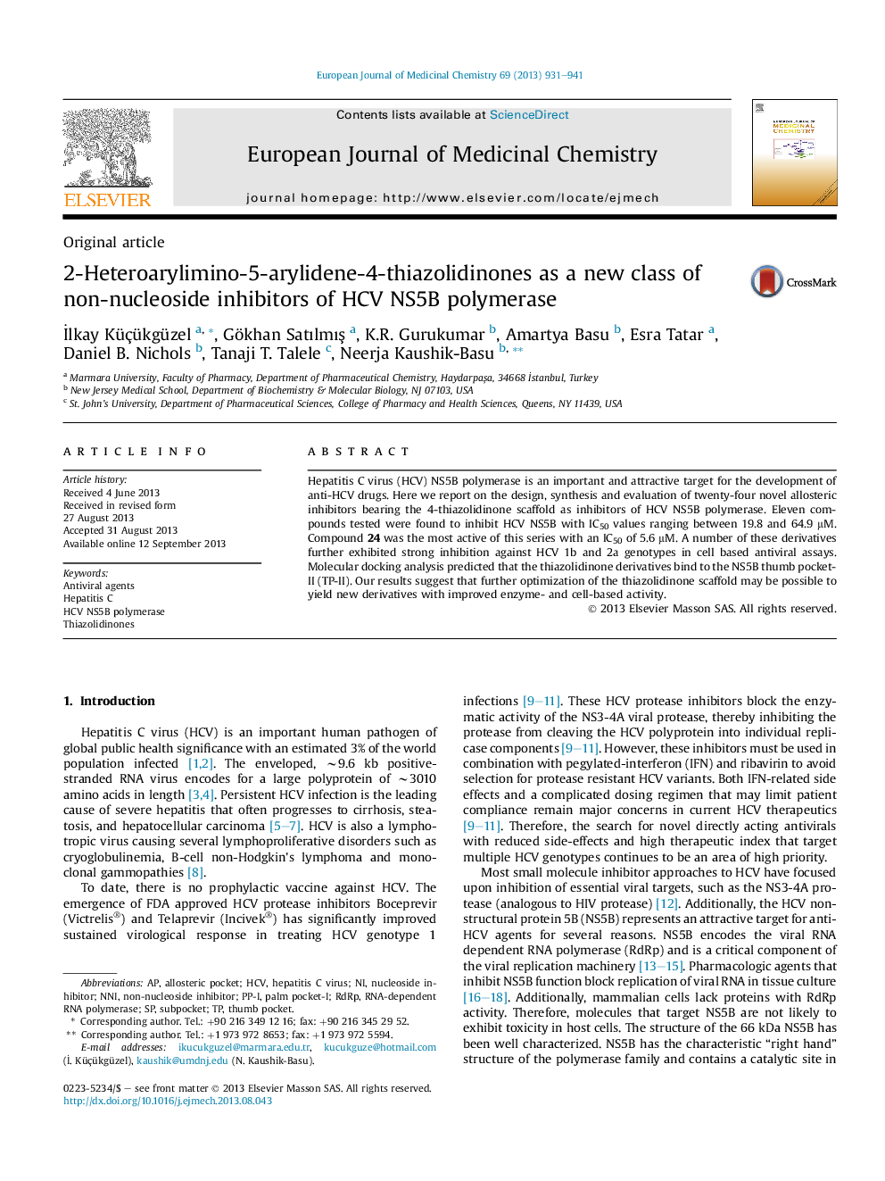 2-Heteroarylimino-5-arylidene-4-thiazolidinones as a new class of non-nucleoside inhibitors of HCV NS5B polymerase