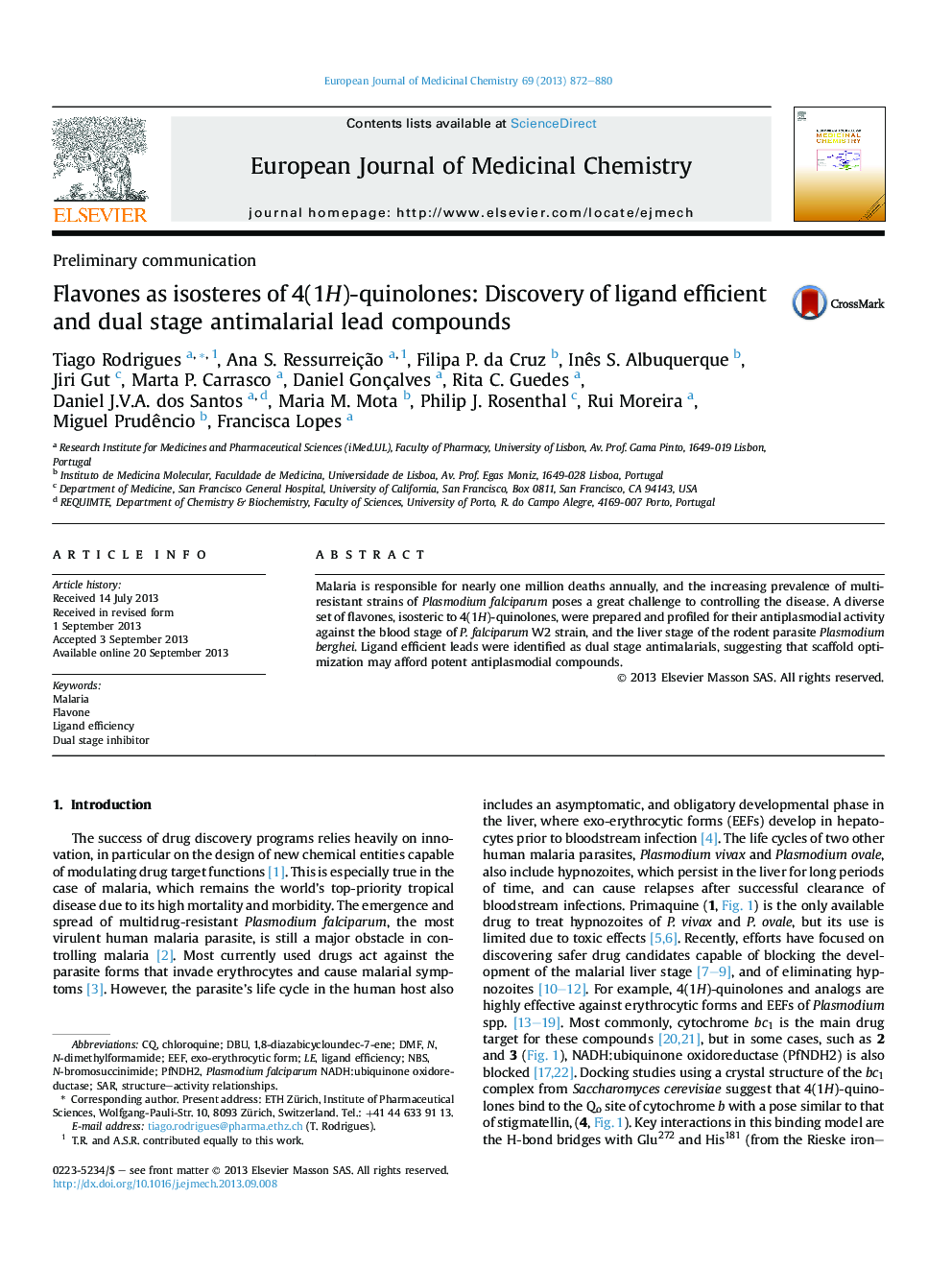 Flavones as isosteres of 4(1H)-quinolones: Discovery of ligand efficient and dual stage antimalarial lead compounds