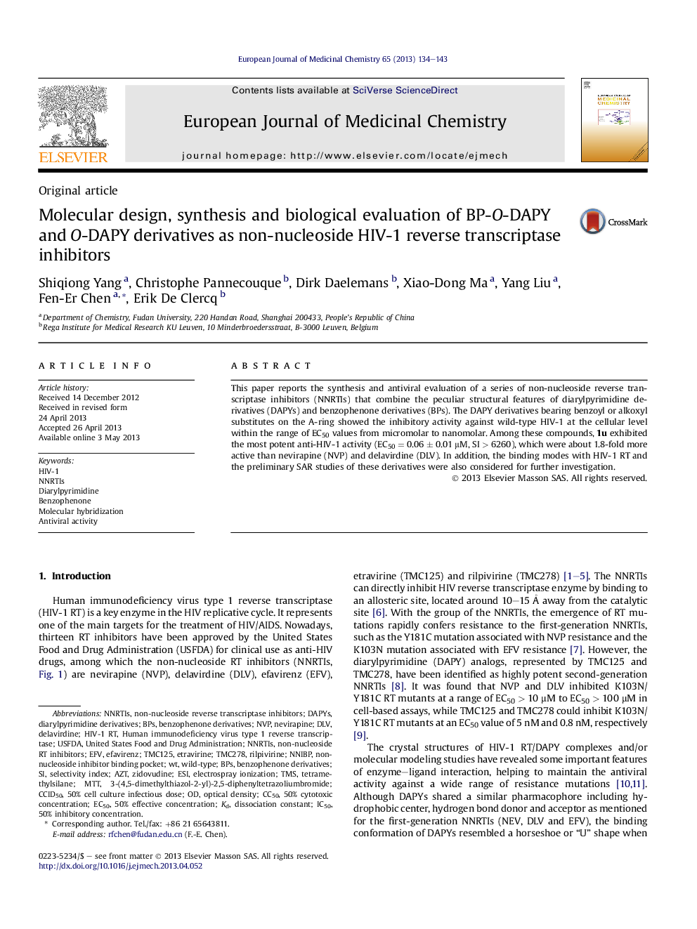 Molecular design, synthesis and biological evaluation of BP-O-DAPY and O-DAPY derivatives as non-nucleoside HIV-1 reverse transcriptase inhibitors