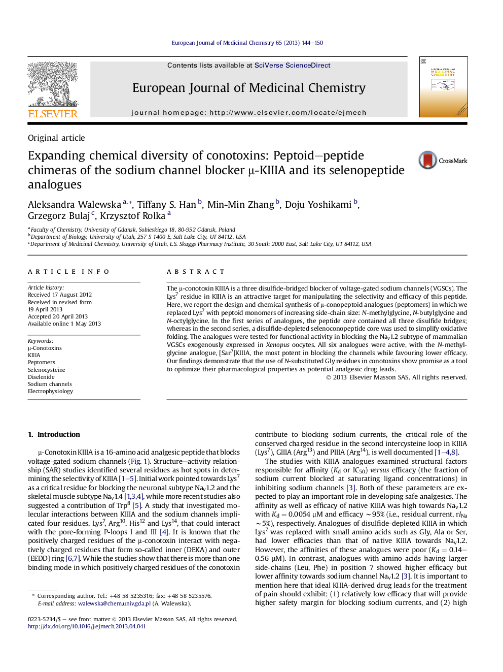 Expanding chemical diversity of conotoxins: Peptoid–peptide chimeras of the sodium channel blocker μ-KIIIA and its selenopeptide analogues