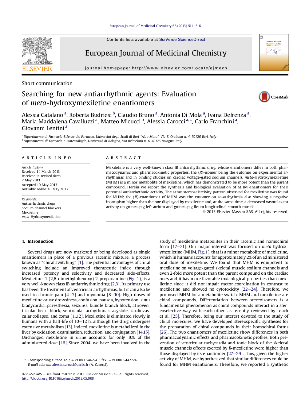 Searching for new antiarrhythmic agents: Evaluation of meta-hydroxymexiletine enantiomers