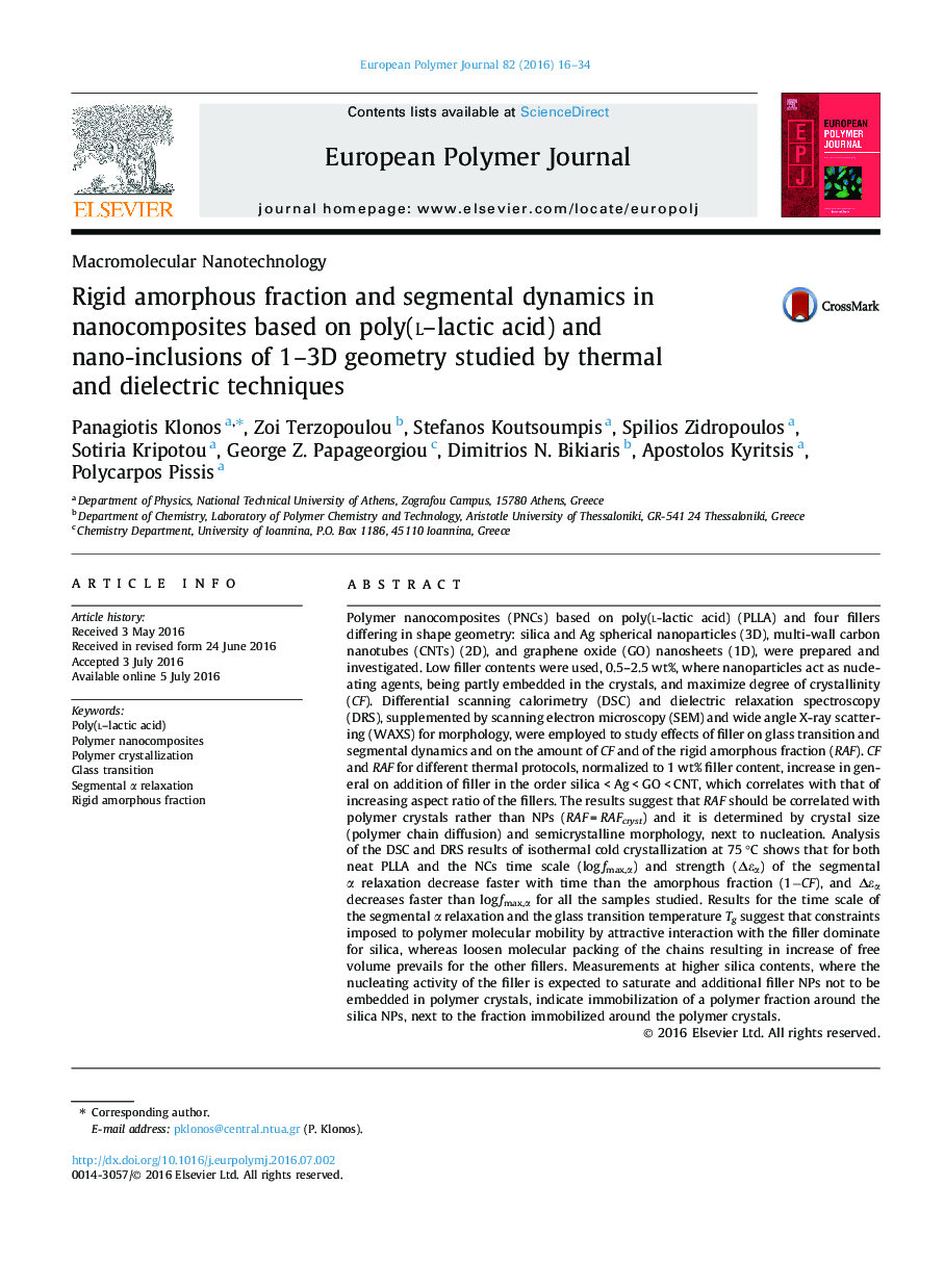 Rigid amorphous fraction and segmental dynamics in nanocomposites based on poly(l–lactic acid) and nano-inclusions of 1–3D geometry studied by thermal and dielectric techniques