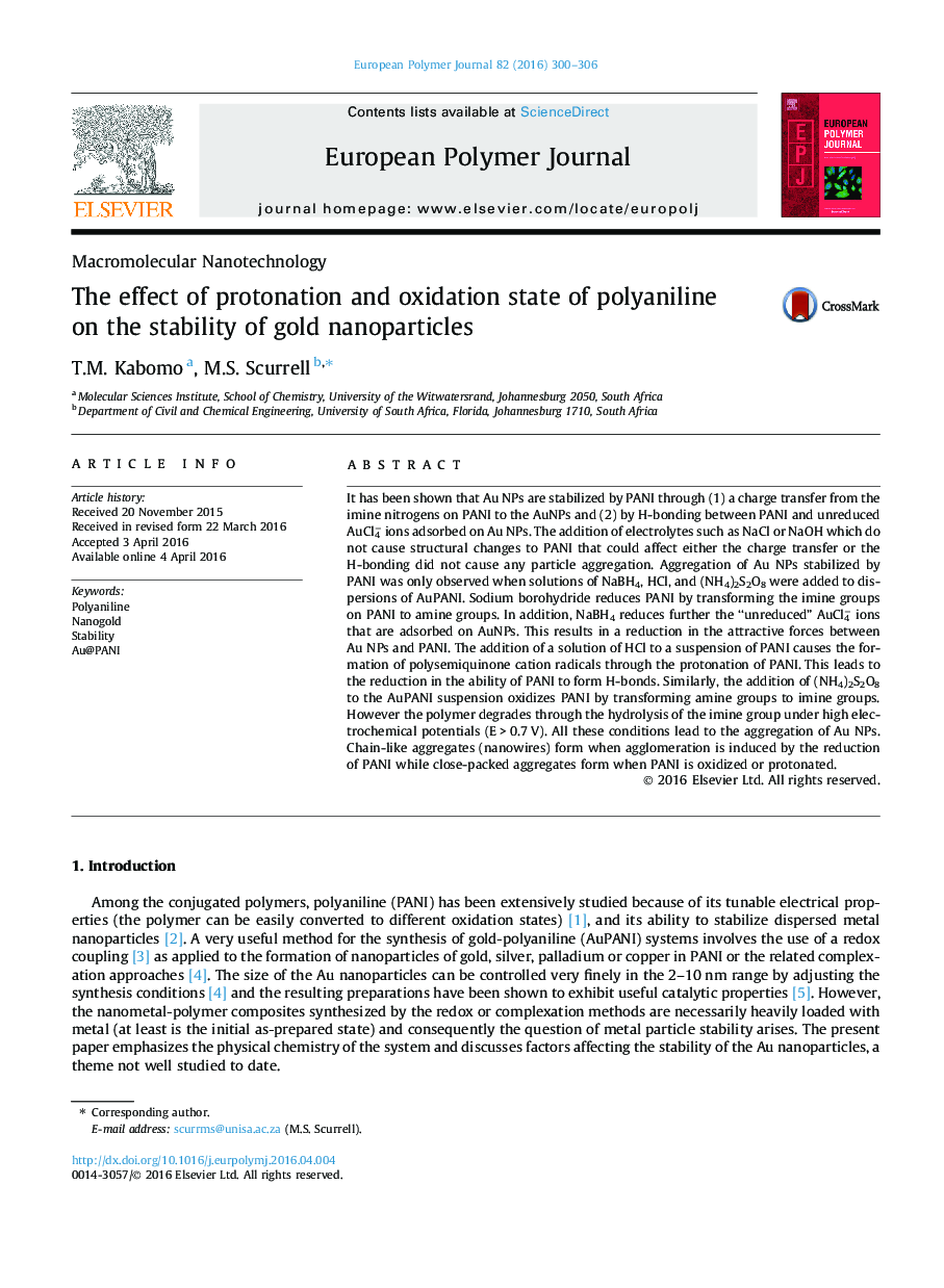 The effect of protonation and oxidation state of polyaniline on the stability of gold nanoparticles