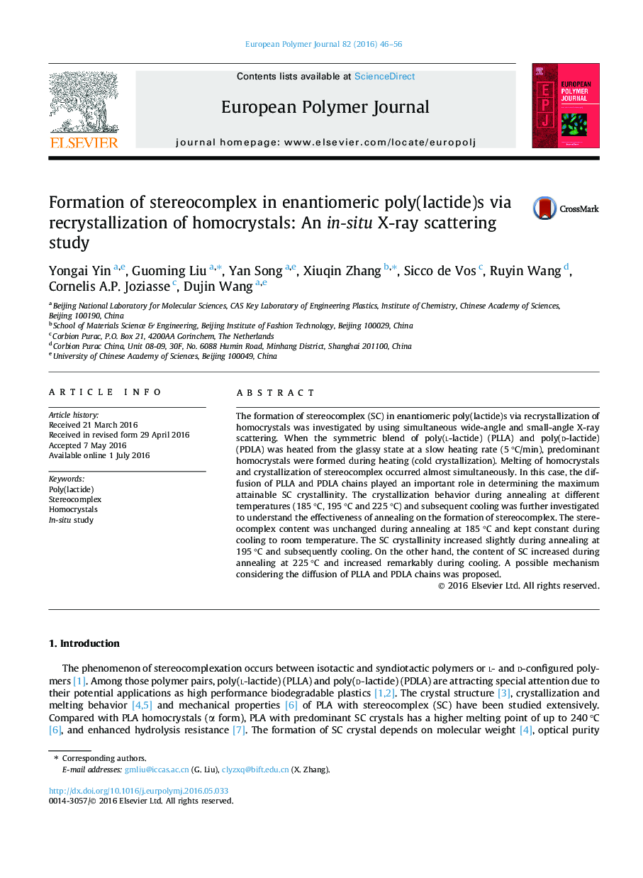 Formation of stereocomplex in enantiomeric poly(lactide)s via recrystallization of homocrystals: An in-situ X-ray scattering study