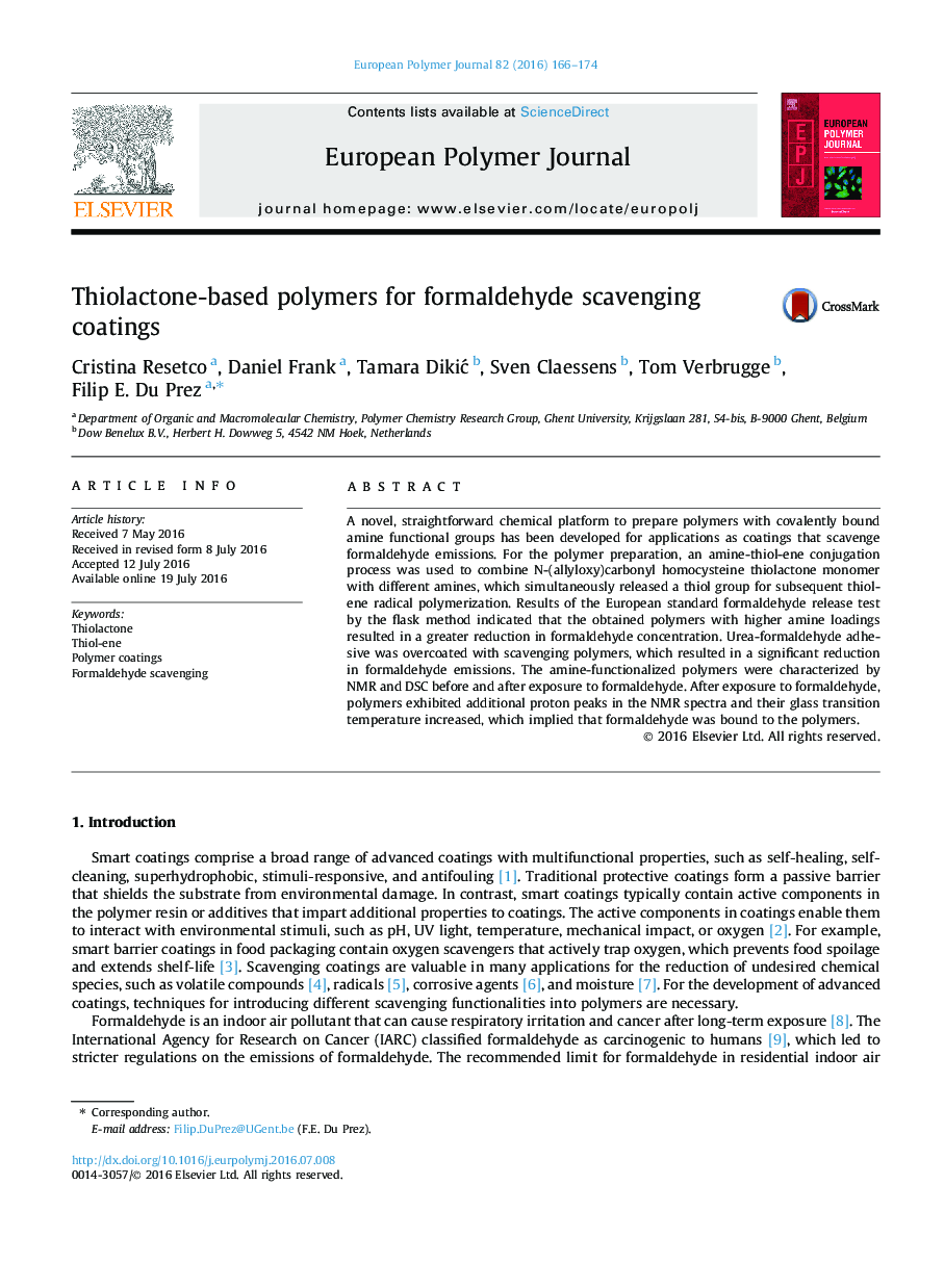 Thiolactone-based polymers for formaldehyde scavenging coatings