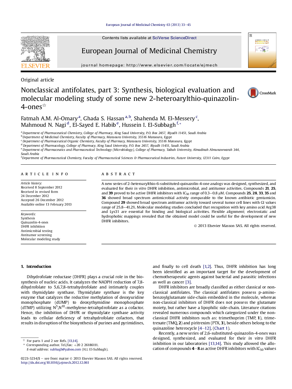 Nonclassical antifolates, part 3: Synthesis, biological evaluation and molecular modeling study of some new 2-heteroarylthio-quinazolin-4-ones 