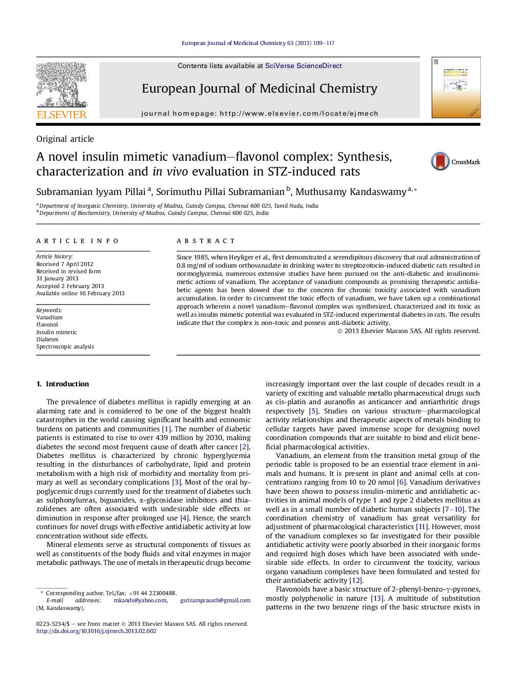 A novel insulin mimetic vanadium–flavonol complex: Synthesis, characterization and in vivo evaluation in STZ-induced rats