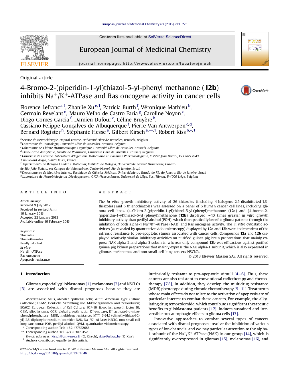 4-Bromo-2-(piperidin-1-yl)thiazol-5-yl-phenyl methanone (12b) inhibits Na+/K+-ATPase and Ras oncogene activity in cancer cells