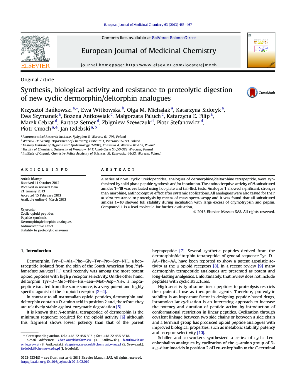 Synthesis, biological activity and resistance to proteolytic digestion ofÂ new cyclic dermorphin/deltorphin analogues