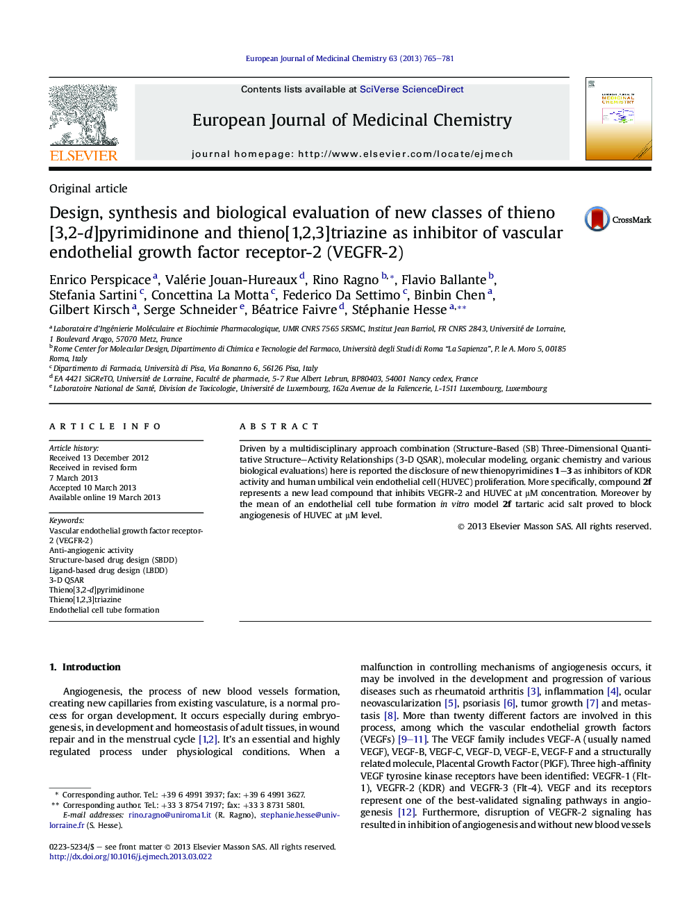 Design, synthesis and biological evaluation of new classes of thieno[3,2-d]pyrimidinone and thieno[1,2,3]triazine as inhibitor of vascular endothelial growth factor receptor-2 (VEGFR-2)