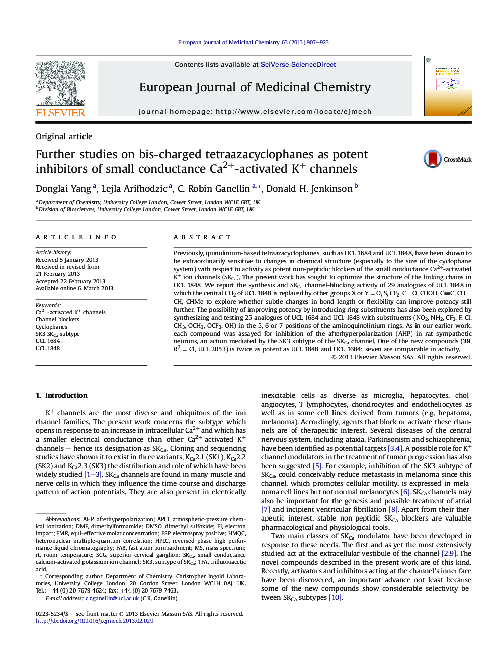 Further studies on bis-charged tetraazacyclophanes as potent inhibitors of small conductance Ca2+-activated K+ channels