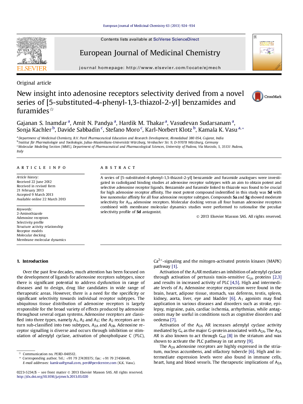 New insight into adenosine receptors selectivity derived from a novel series of [5-substituted-4-phenyl-1,3-thiazol-2-yl] benzamides and furamides 