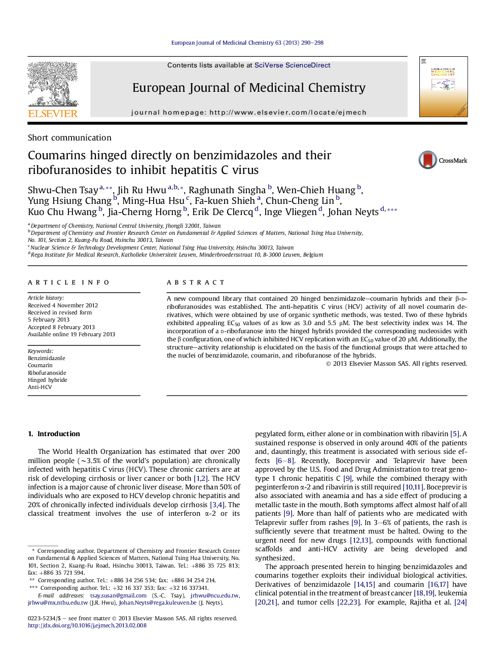 Coumarins hinged directly on benzimidazoles and their ribofuranosides to inhibit hepatitis C virus