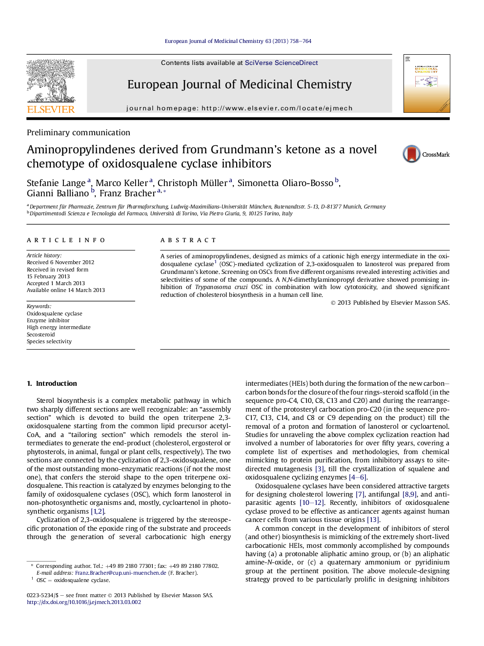 Aminopropylindenes derived from Grundmann's ketone as a novel chemotype of oxidosqualene cyclase inhibitors