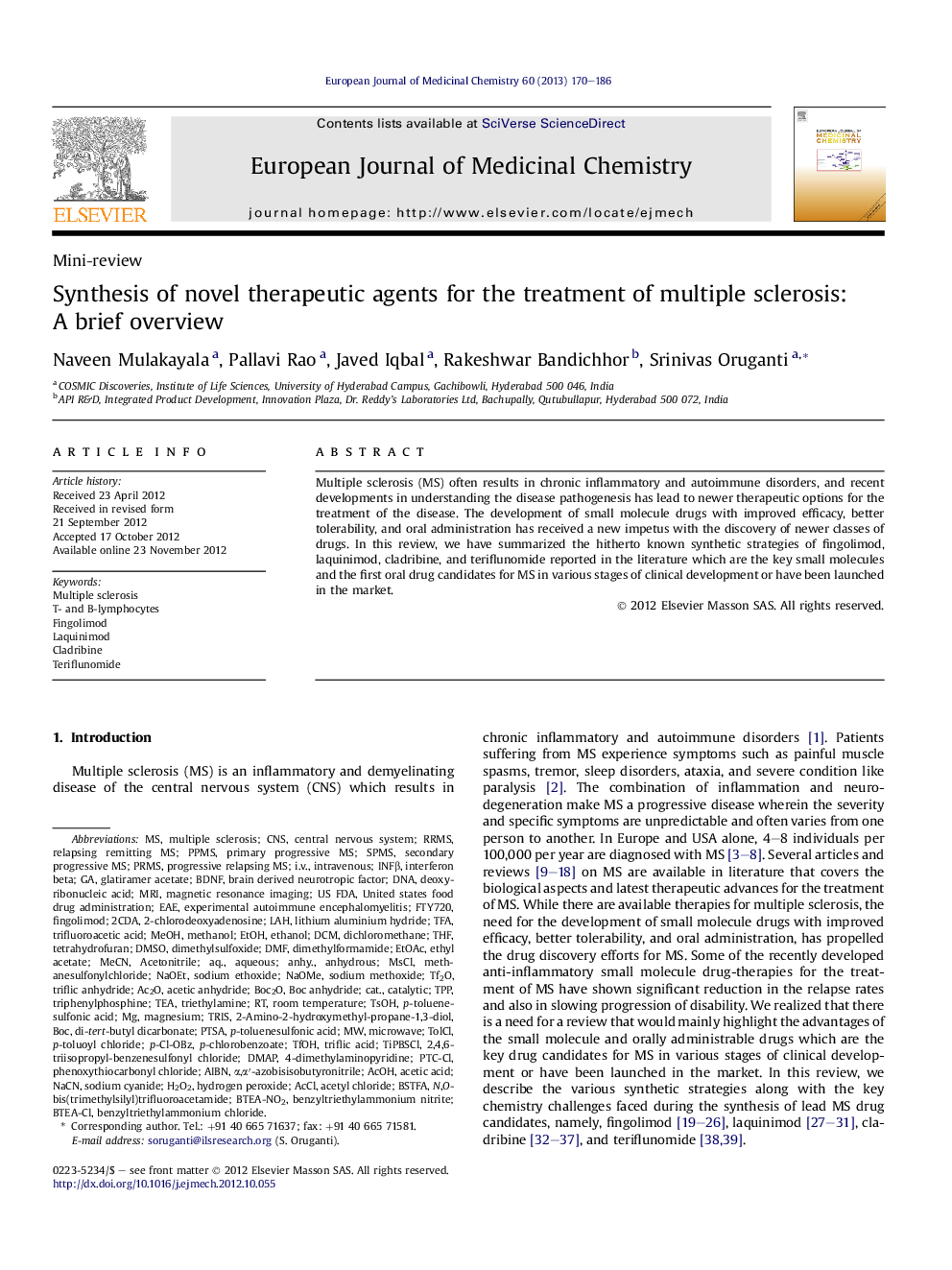 Synthesis of novel therapeutic agents for the treatment of multiple sclerosis: A brief overview