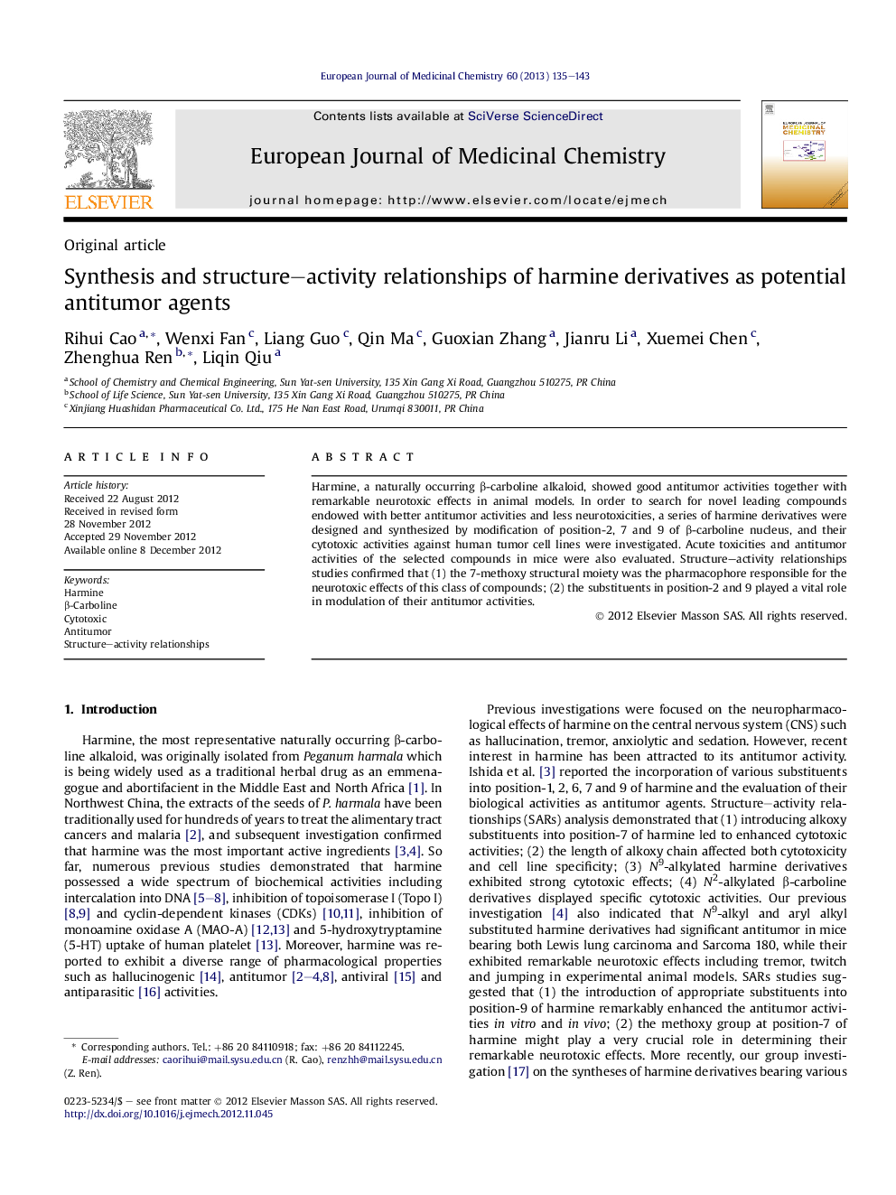 Synthesis and structure–activity relationships of harmine derivatives as potential antitumor agents