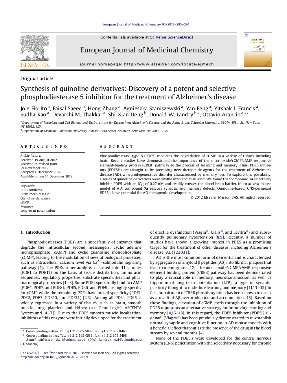 Synthesis of quinoline derivatives: Discovery of a potent and selective phosphodiesterase 5 inhibitor for the treatment of Alzheimer's disease