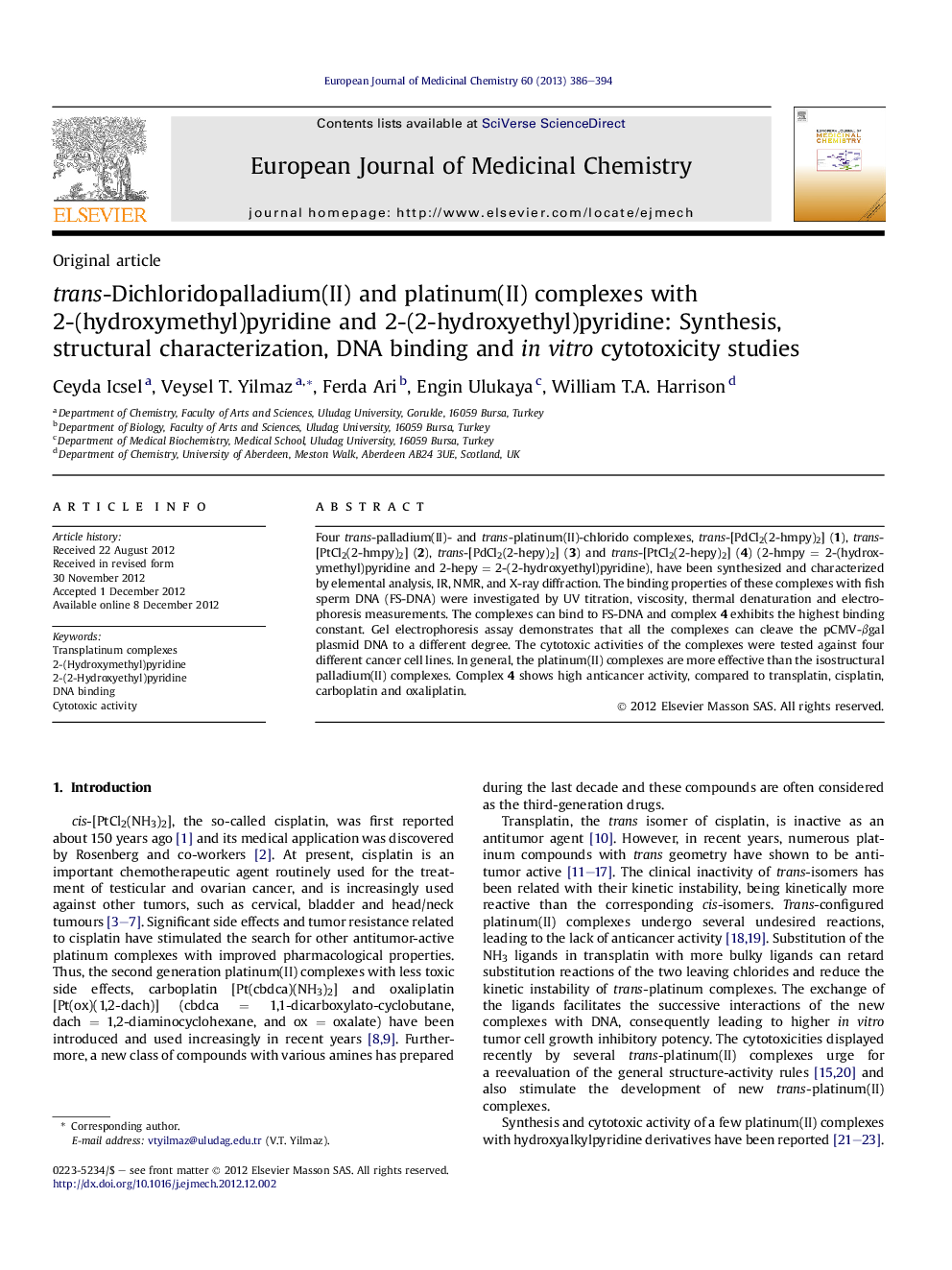 trans-Dichloridopalladium(II) and platinum(II) complexes with 2-(hydroxymethyl)pyridine and 2-(2-hydroxyethyl)pyridine: Synthesis, structural characterization, DNA binding and in vitro cytotoxicity studies