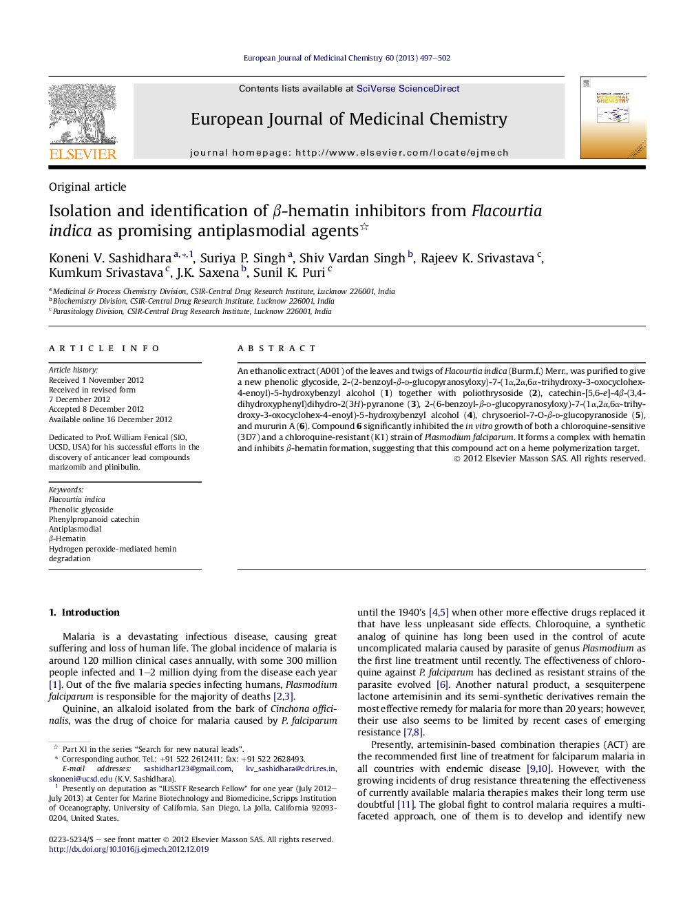 Isolation and identification of β-hematin inhibitors from Flacourtia indica as promising antiplasmodial agents 