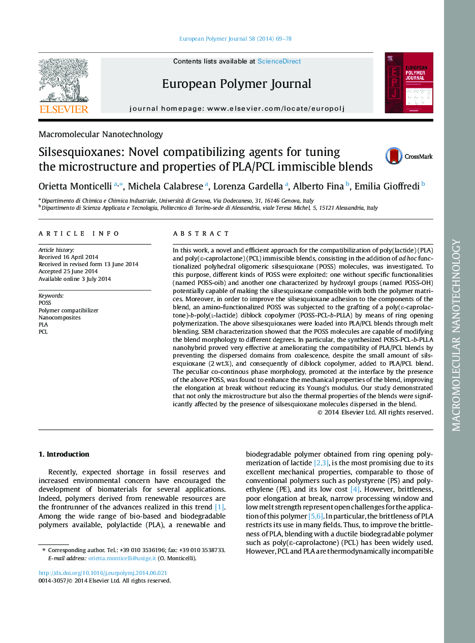 Silsesquioxanes: Novel compatibilizing agents for tuning the microstructure and properties of PLA/PCL immiscible blends