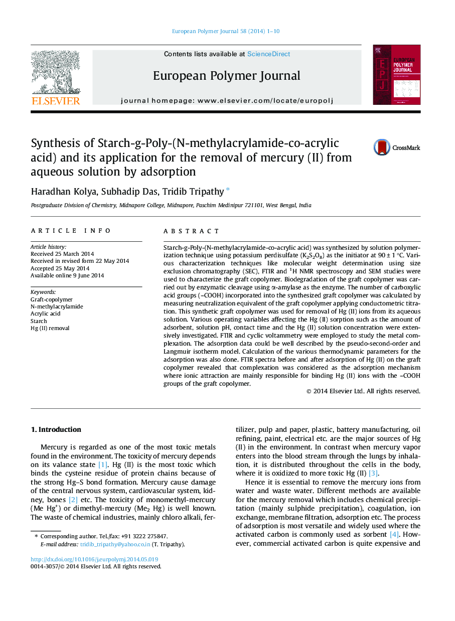 Synthesis of Starch-g-Poly-(N-methylacrylamide-co-acrylic acid) and its application for the removal of mercury (II) from aqueous solution by adsorption