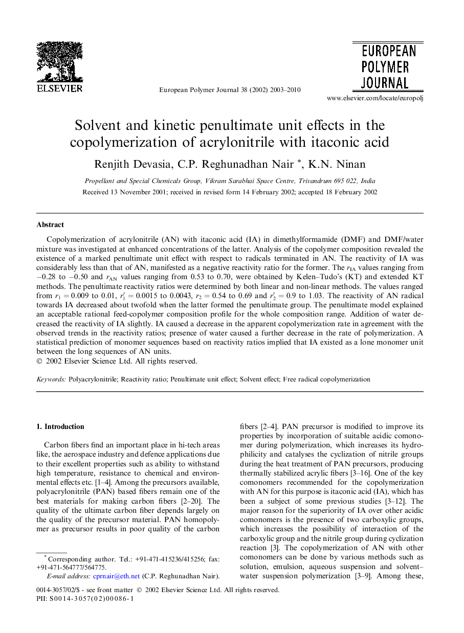 Solvent and kinetic penultimate unit effects in the copolymerization of acrylonitrile with itaconic acid