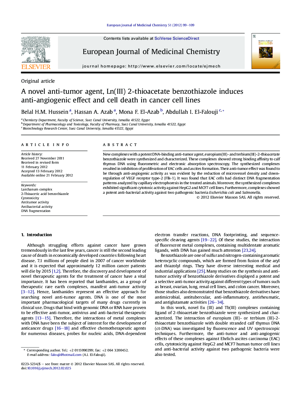 A novel anti-tumor agent, Ln(III) 2-thioacetate benzothiazole induces anti-angiogenic effect and cell death in cancer cell lines