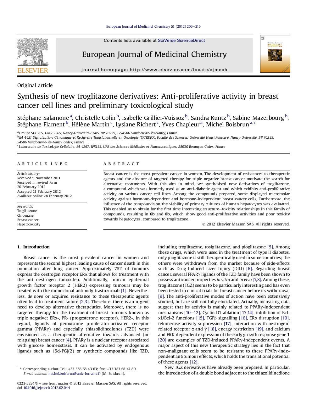 Synthesis of new troglitazone derivatives: Anti-proliferative activity in breast cancer cell lines and preliminary toxicological study