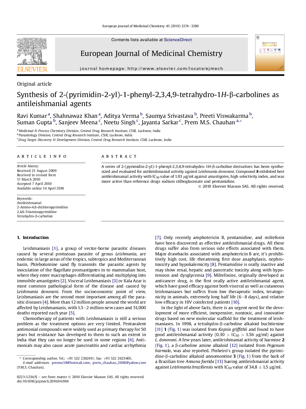 Synthesis of 2-(pyrimidin-2-yl)-1-phenyl-2,3,4,9-tetrahydro-1H-β-carbolines as antileishmanial agents