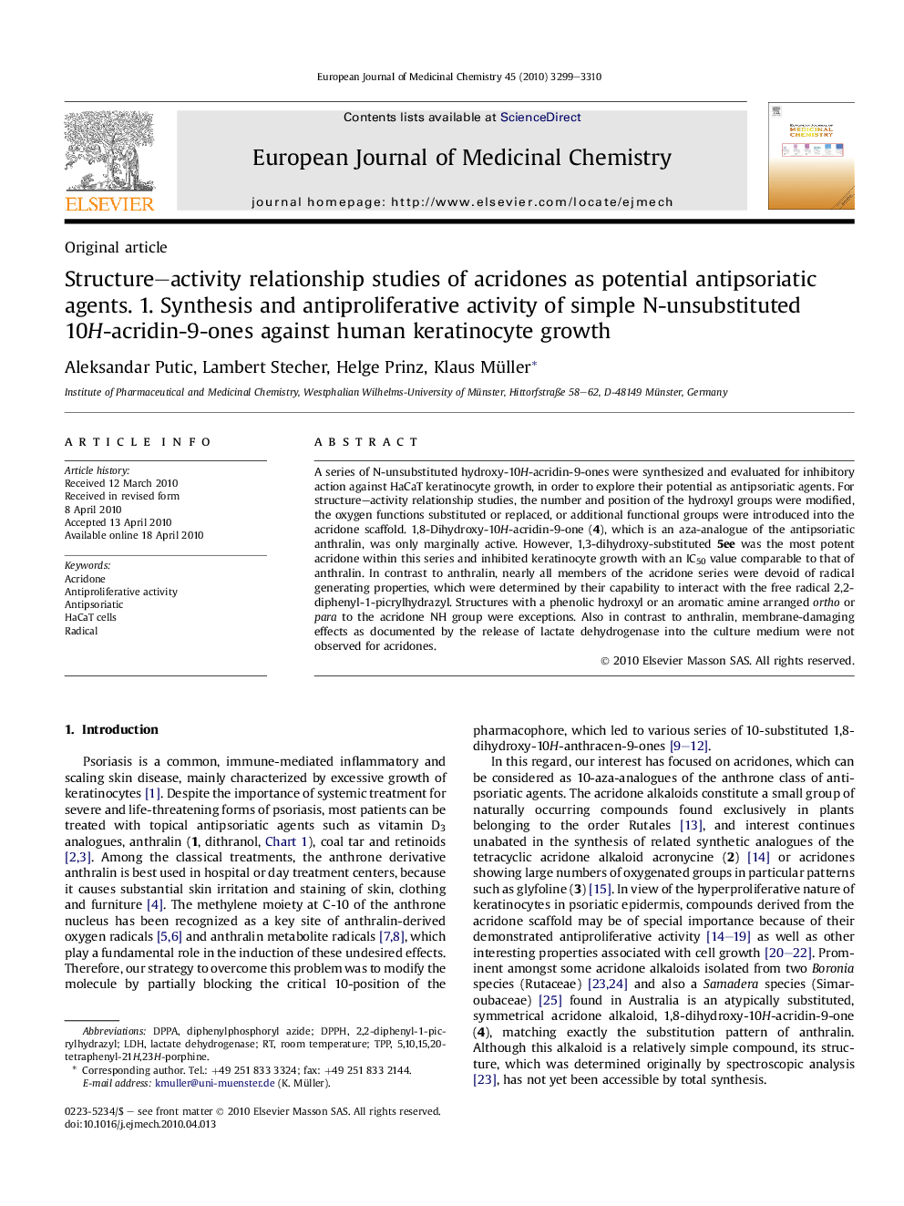 Structure–activity relationship studies of acridones as potential antipsoriatic agents. 1. Synthesis and antiproliferative activity of simple N-unsubstituted 10H-acridin-9-ones against human keratinocyte growth