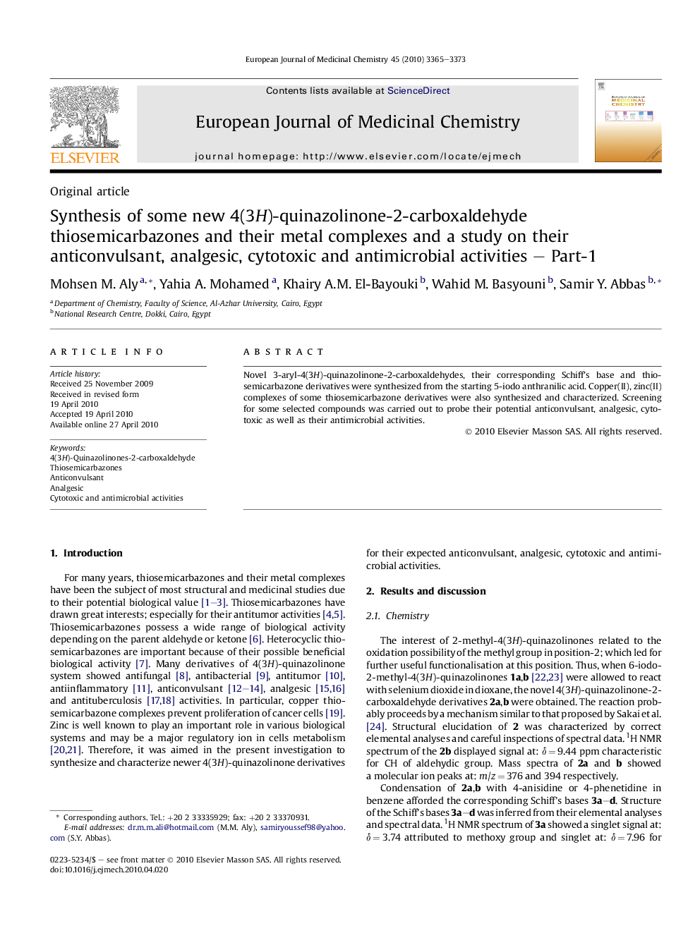 Synthesis of some new 4(3H)-quinazolinone-2-carboxaldehyde thiosemicarbazones and their metal complexes and a study on their anticonvulsant, analgesic, cytotoxic and antimicrobial activities – Part-1