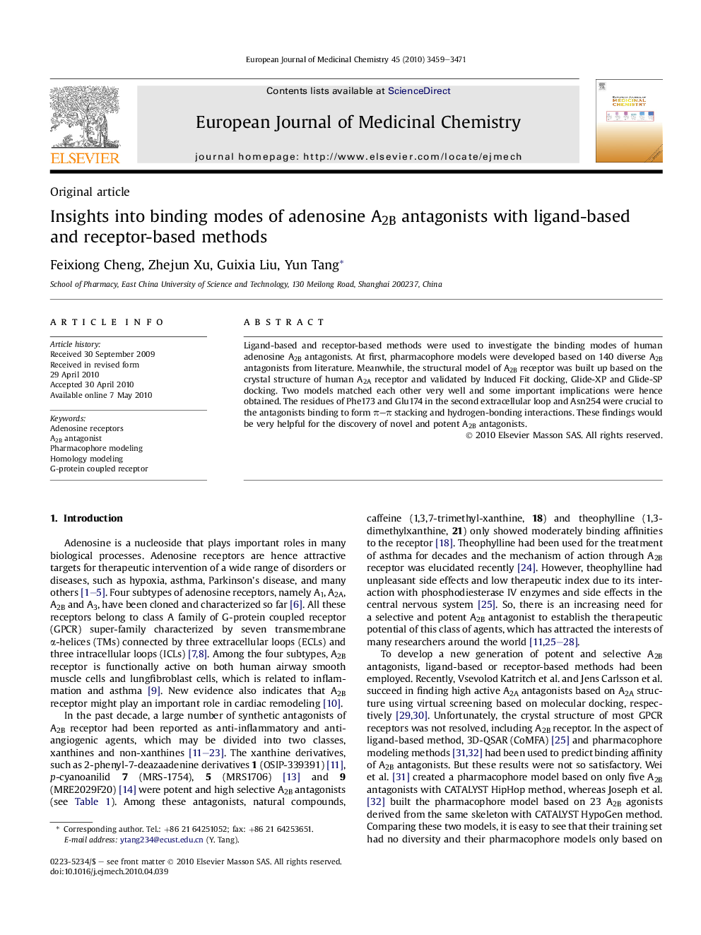 Insights into binding modes of adenosine A2B antagonists with ligand-based and receptor-based methods