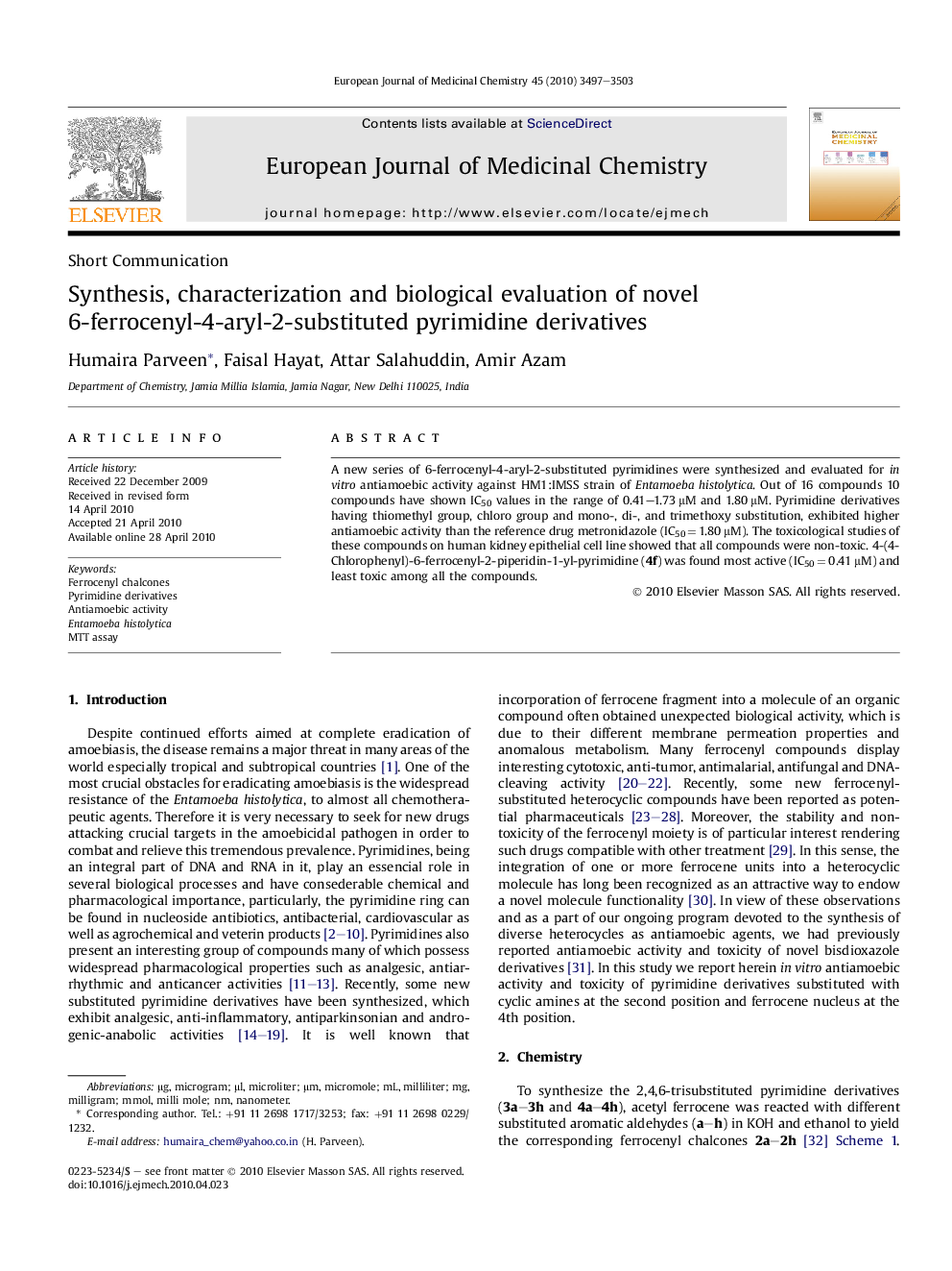 Synthesis, characterization and biological evaluation of novel 6-ferrocenyl-4-aryl-2-substituted pyrimidine derivatives