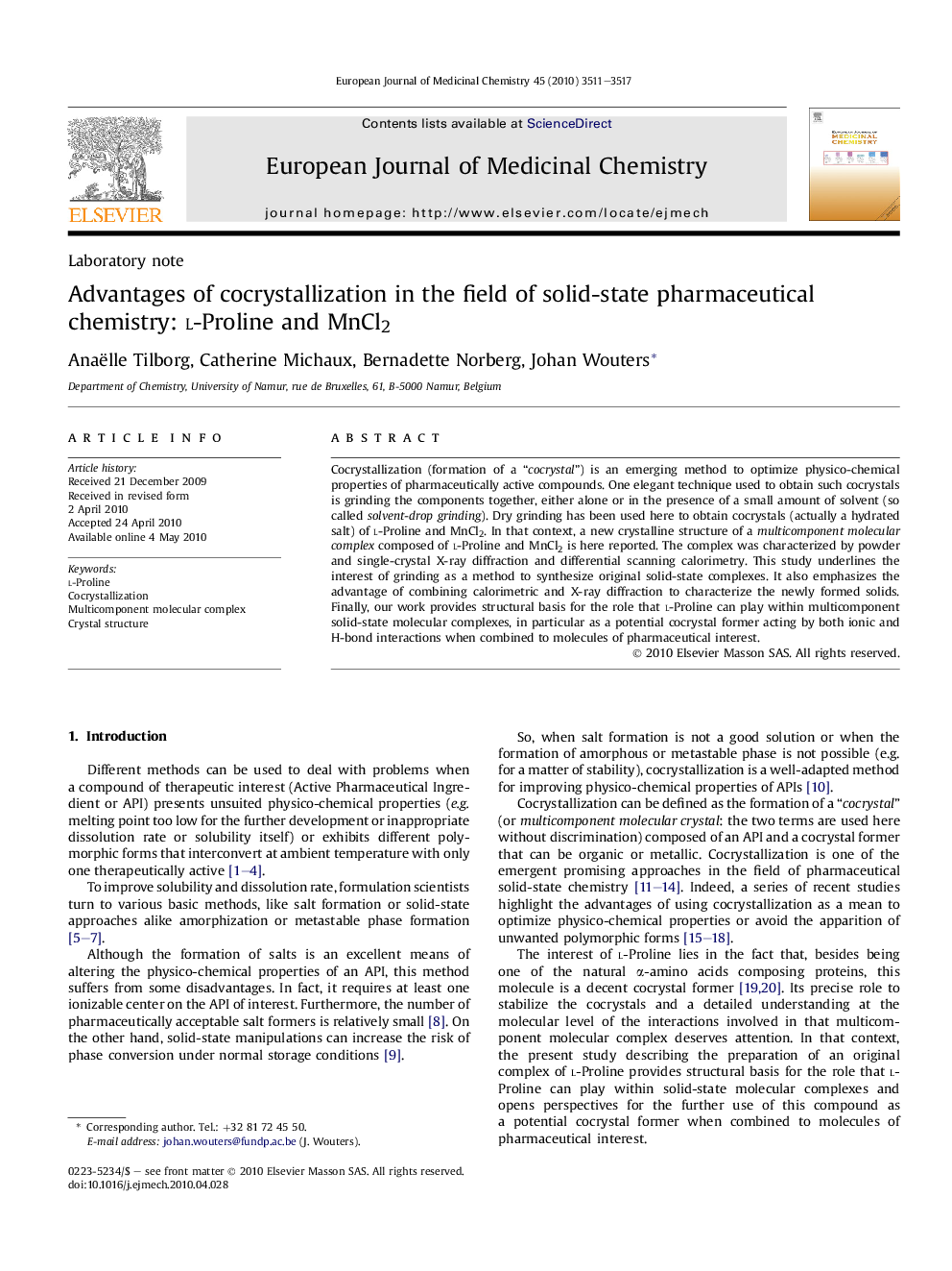 Advantages of cocrystallization in the field of solid-state pharmaceutical chemistry: l-Proline and MnCl2