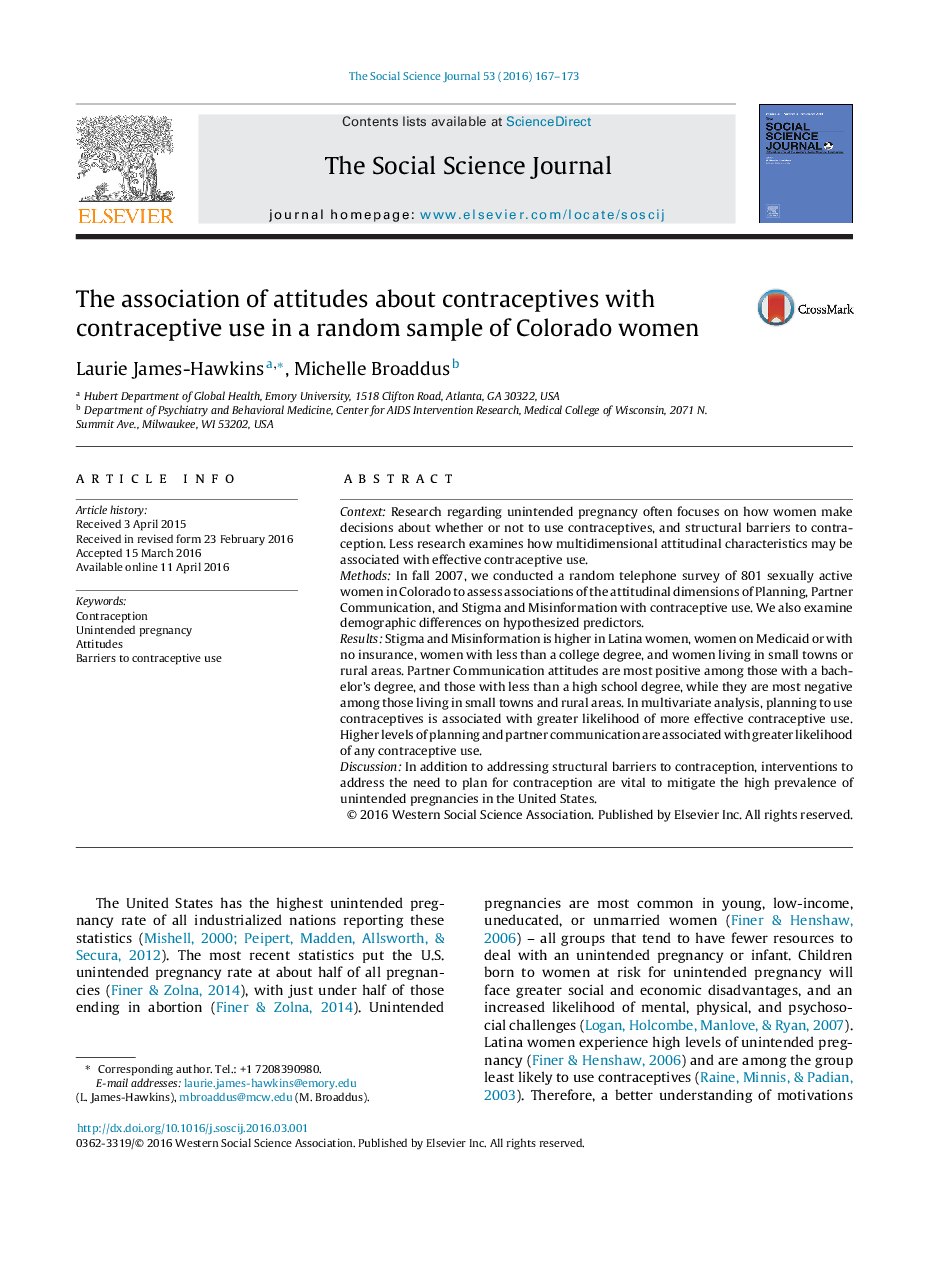 The association of attitudes about contraceptives with contraceptive use in a random sample of Colorado women