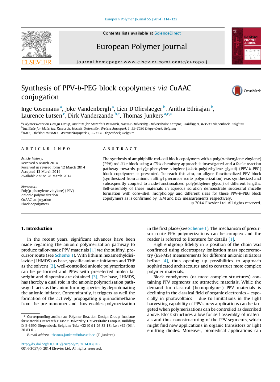 Synthesis of PPV-b-PEG block copolymers via CuAAC conjugation