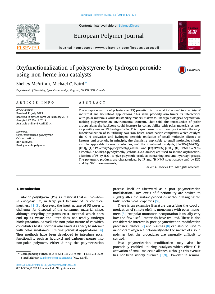 Oxyfunctionalization of polystyrene by hydrogen peroxide using non-heme iron catalysts