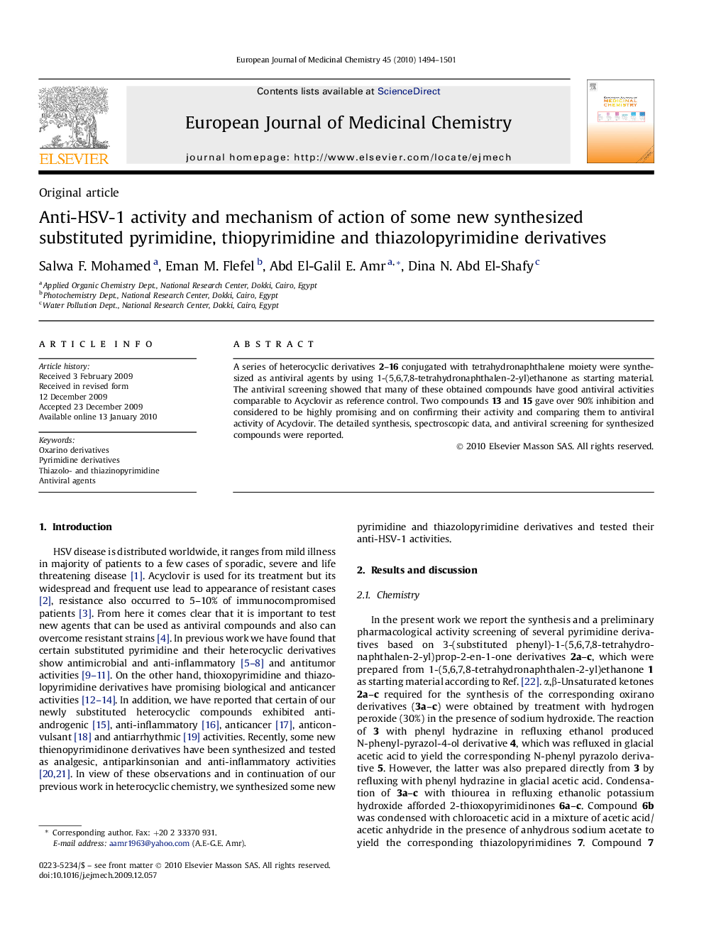 Anti-HSV-1 activity and mechanism of action of some new synthesized substituted pyrimidine, thiopyrimidine and thiazolopyrimidine derivatives