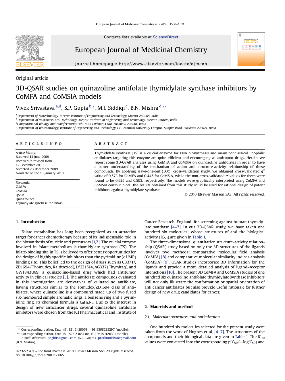 3D-QSAR studies on quinazoline antifolate thymidylate synthase inhibitors by CoMFA and CoMSIA models