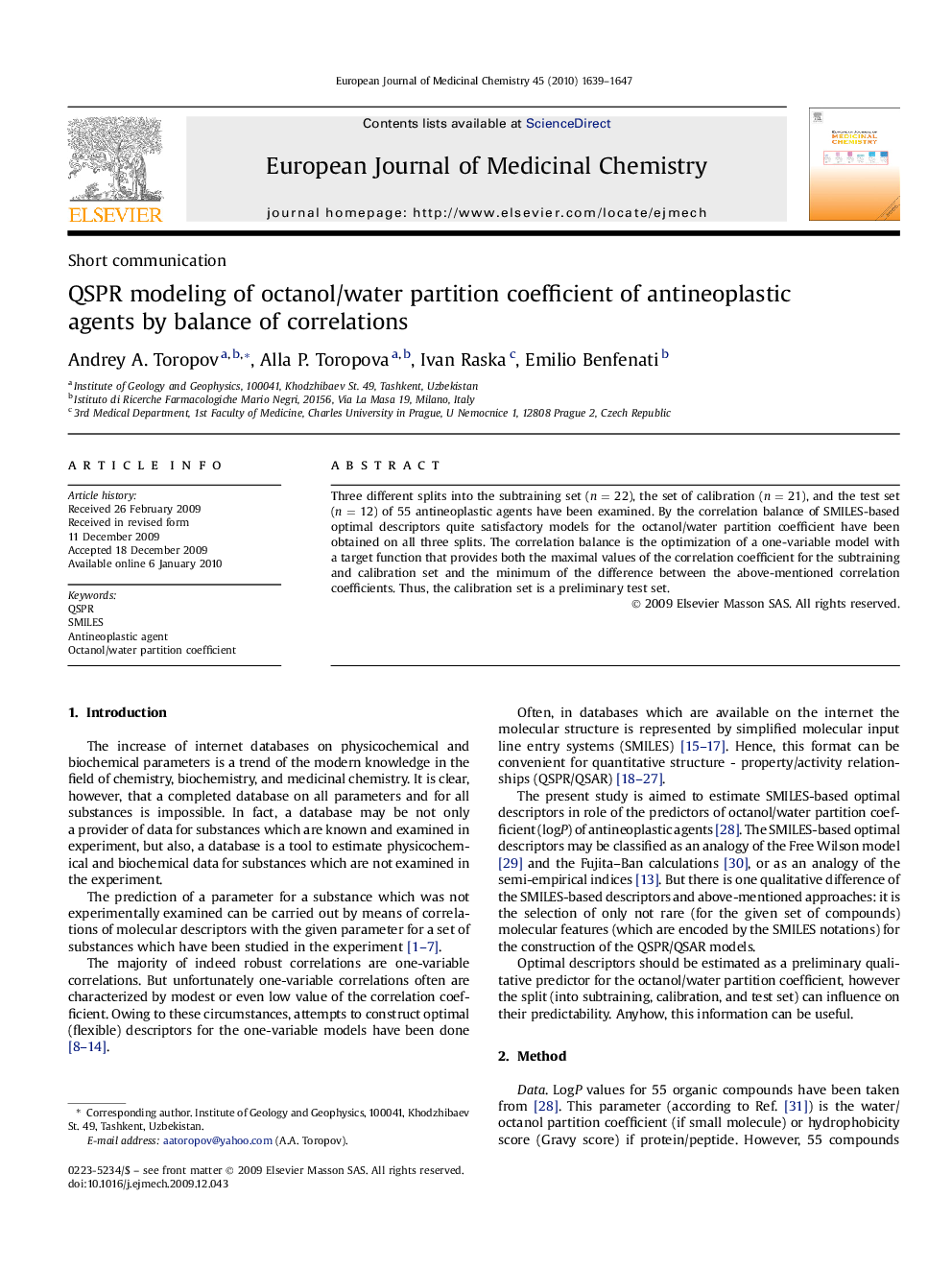 QSPR modeling of octanol/water partition coefficient of antineoplastic agents by balance of correlations