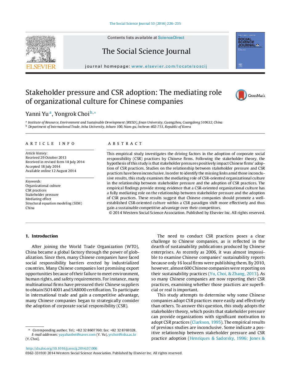 Stakeholder pressure and CSR adoption: The mediating role of organizational culture for Chinese companies